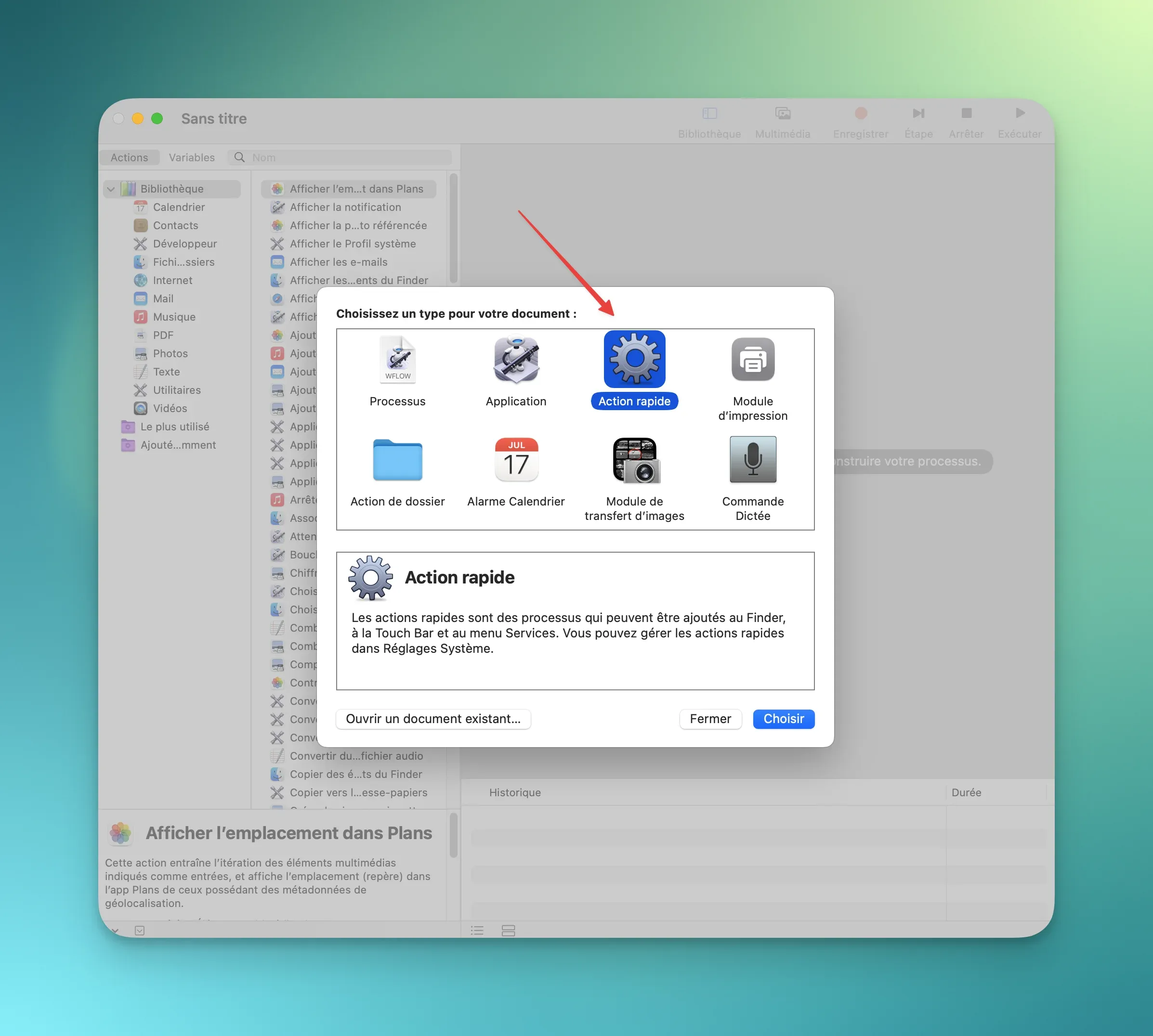 Nouvelle action rapide dans Automator